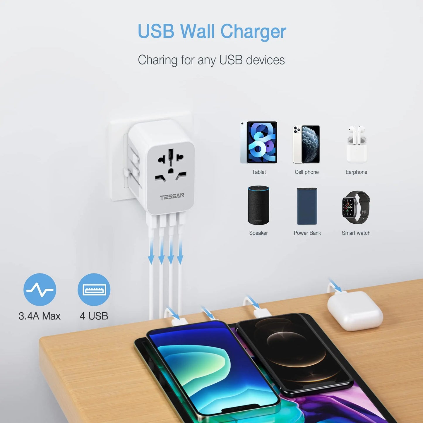 TESSAN Universal Travel Adapter, International Plug Adaptor Outlet Wall Charger Converter with 4 USB Ports to EU, AU, UK, USA
