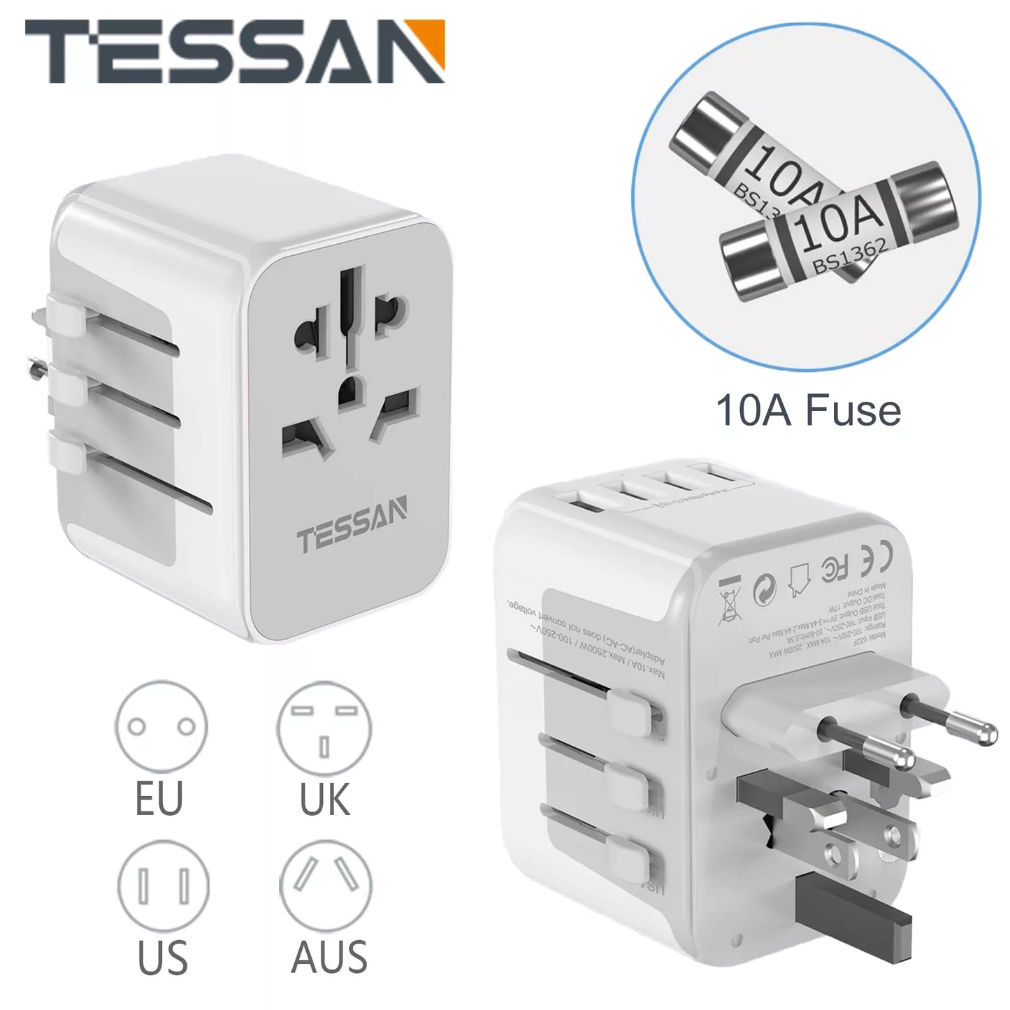 TESSAN Universal Travel Adapter, International Plug Adaptor Outlet Wall Charger Converter with 4 USB Ports to EU, AU, UK, USA