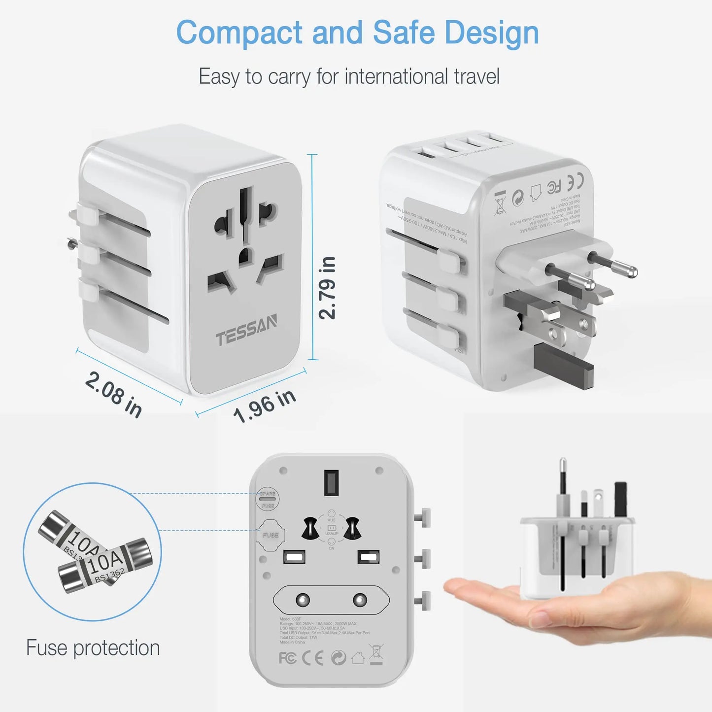 TESSAN Universal Travel Adapter, International Plug Adaptor Outlet Wall Charger Converter with 4 USB Ports to EU, AU, UK, USA