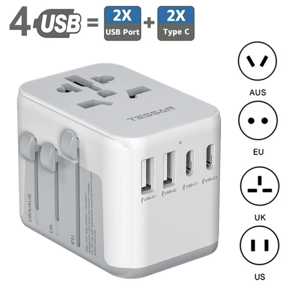TESSAN Universal Travel Adapter, International Plug Adaptor Outlet Wall Charger Converter with 4 USB Ports to EU, AU, UK, USA