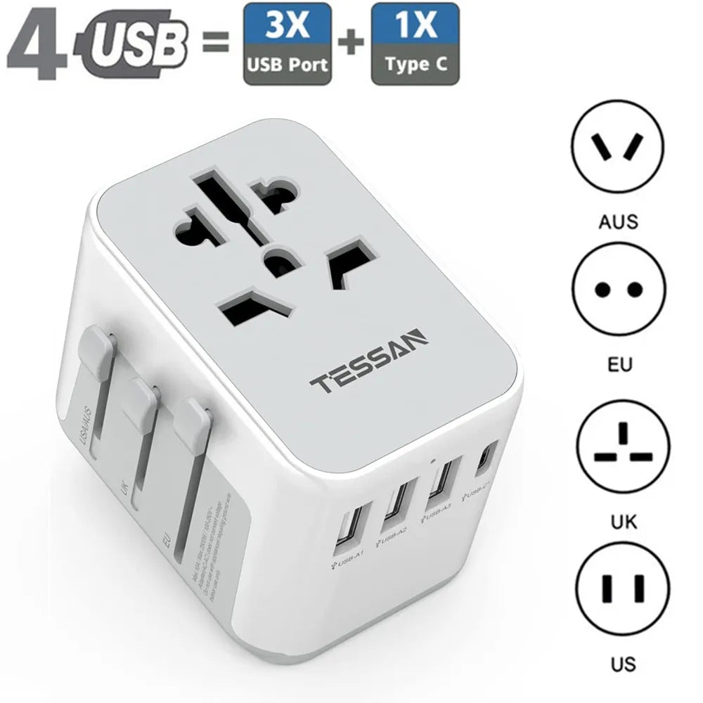 TESSAN Universal Travel Adapter, International Plug Adaptor Outlet Wall Charger Converter with 4 USB Ports to EU, AU, UK, USA