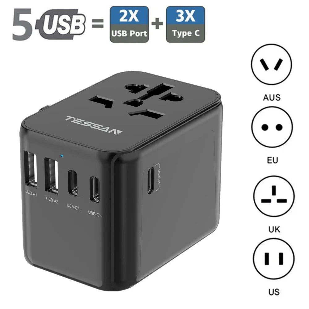 TESSAN Universal Travel Adapter, International Plug Adaptor Outlet Wall Charger Converter with 4 USB Ports to EU, AU, UK, USA