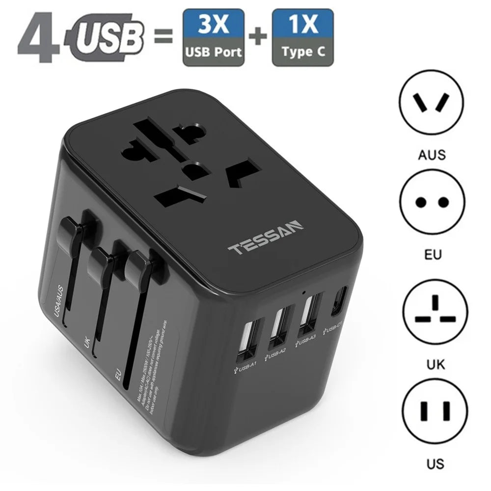 TESSAN Universal Travel Adapter, International Plug Adaptor Outlet Wall Charger Converter with 4 USB Ports to EU, AU, UK, USA