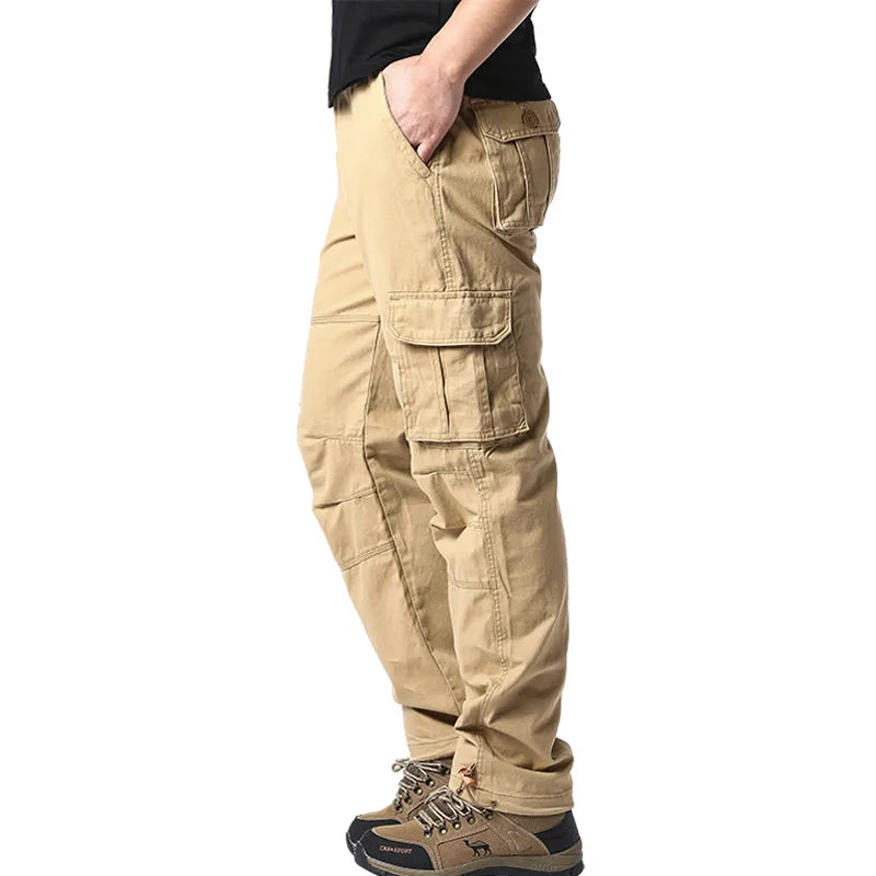 Men's Travel Pants Large Pocket Loose Overalls Men's Outdoor Sports Jogging Military Tactical Pants Elastic Waist Pure Cotton Casual Work Pants