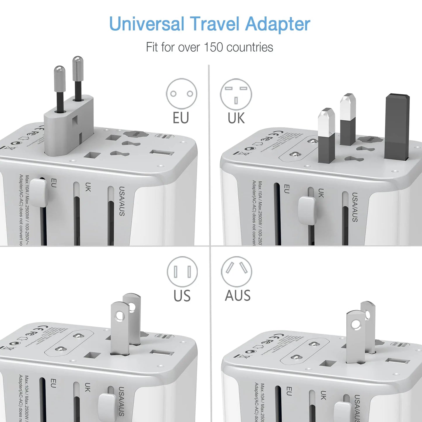 TESSAN Universal Travel Adapter, International Plug Adaptor Outlet Wall Charger Converter with 4 USB Ports to EU, AU, UK, USA